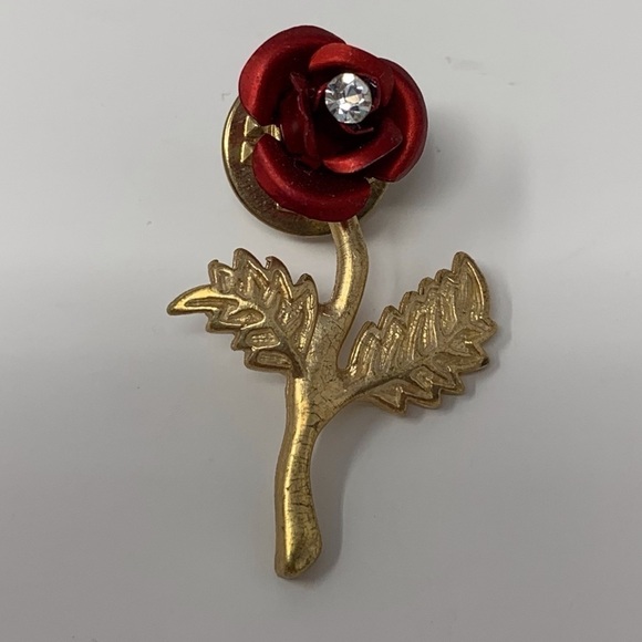 Vintage Red Rose Gold Toned Pin with Rhinestone - Picture 1 of 4